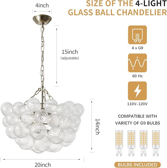 Nordic Bubble Ball Swirled Modern Chandelier,Dia 20 Inch Bubble Lighting, Nickel and Clear Glass Lighting with Chandelier Light,for Bedroom Study Restaurant