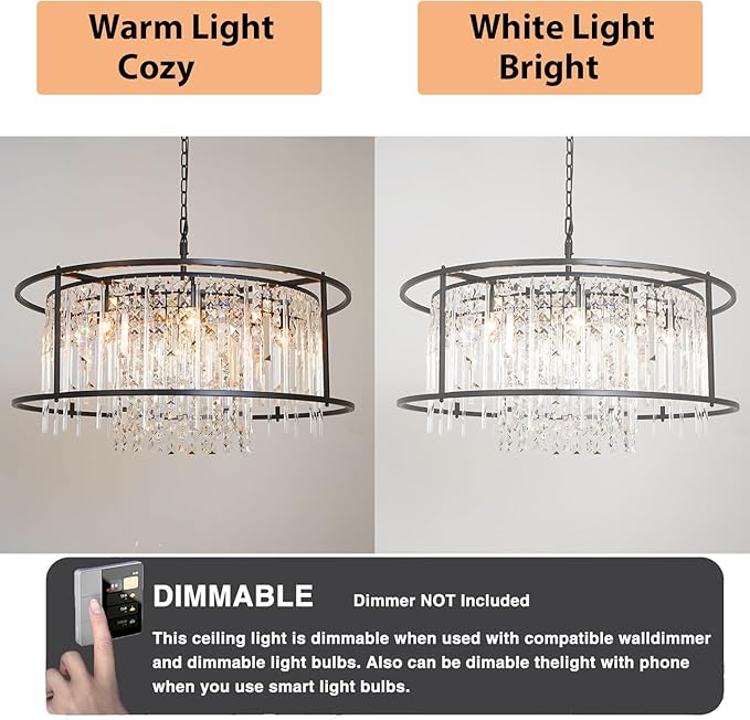 Modern Black Crystal Chandelier, Round Industrial Farmhouse Pendant Light Fixture for Dining Room, Kitchen Island, Living Room, Bedroom, Entryway Lighting