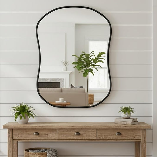 Asymmetrical Wall Mirror 24 * 32 Black Irregular Abstract Shatter-Proof Aluminum Alloy Decorative Wavy Framed Makeuop Mirrors for Bathroom, Bedroom, Cloakroom, Entryway