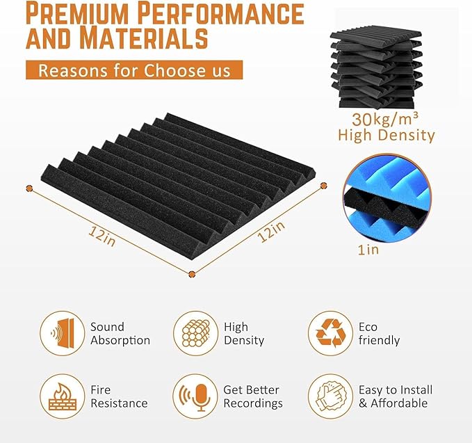 Acoustic Foam Panels 12 Pack 1" x 12"x 12" High Density Soundproofing Sound Proof Foam Panels for Wall Noise Absorbing Panel and Sound-Damping Black Wedges