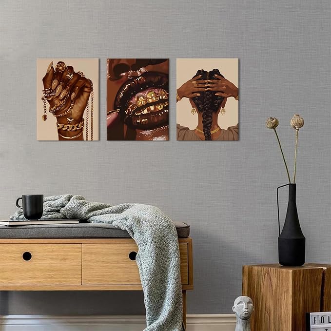 Black Women Wall Art Glitter Gold Jewelry Picture for Girls Bedroom Bathroom Wall Decor Luxury Abstract Fashion African American Female Poster Hip Hop Artwork Living Room Home Decoration 12x16" 3P