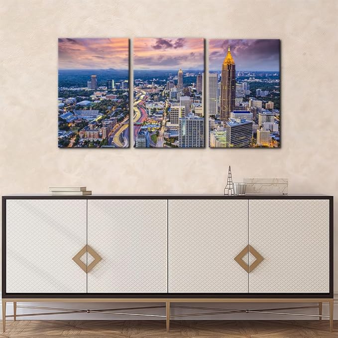 Pacimo Atlanta Cityscape Wall Art Painting Georgia City Skyline Pictures Print on Canvas for Home Decoration Downtown Skyscrapers Painting Stretched and Framed Ready to Hang - 20"x28"x3 Panels