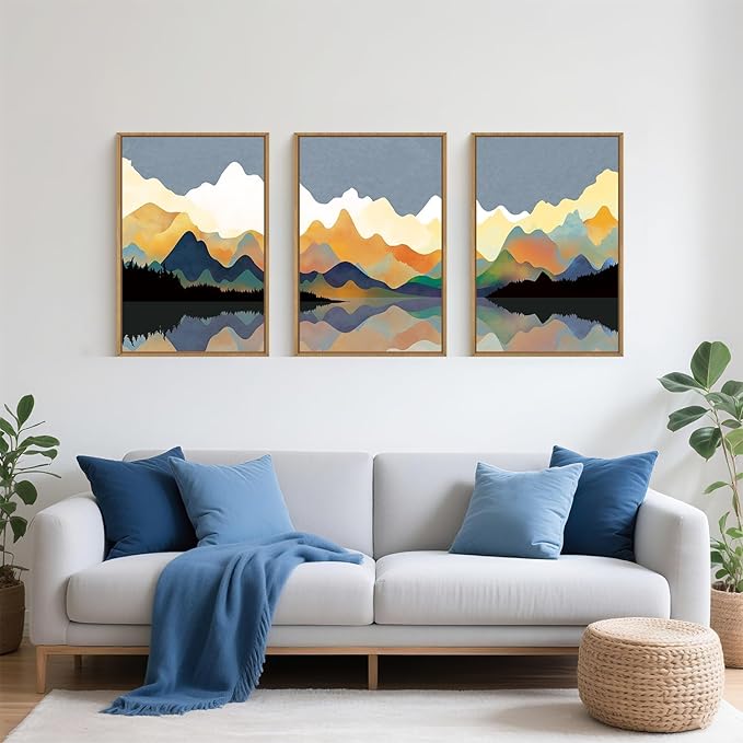 Large Abstract Mountain Lake Framed Canvas Wall Art,Watercolor Boho Forest Wall Decor,Colorful Ridge Landscape Artwork,Modern Wilderness Art Print for Living Room,Bedroom,Office- 24"x36"x3