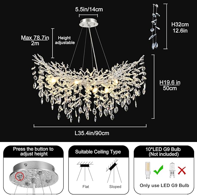 36inch Crystal Rectangle Chandelier for Dining Room, Silver Tree Branch Chandeliers Over Table, Top K9 Crystal Modern Chandeliers for Dining Table,Kitchen Island,Luxury Rectangular Chandelier