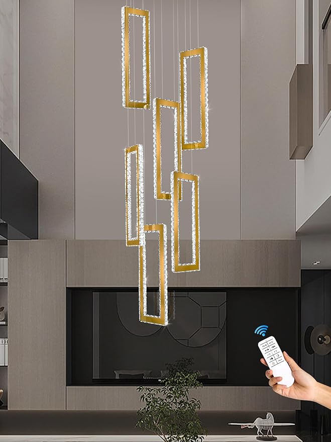 Modern Led Gold Chandelier Adjustable 6 Rings Crystal Chandelier for Living Room Foyer Stairwell Lighting High Ceiling Lamp Dimmable 2700K-6000K