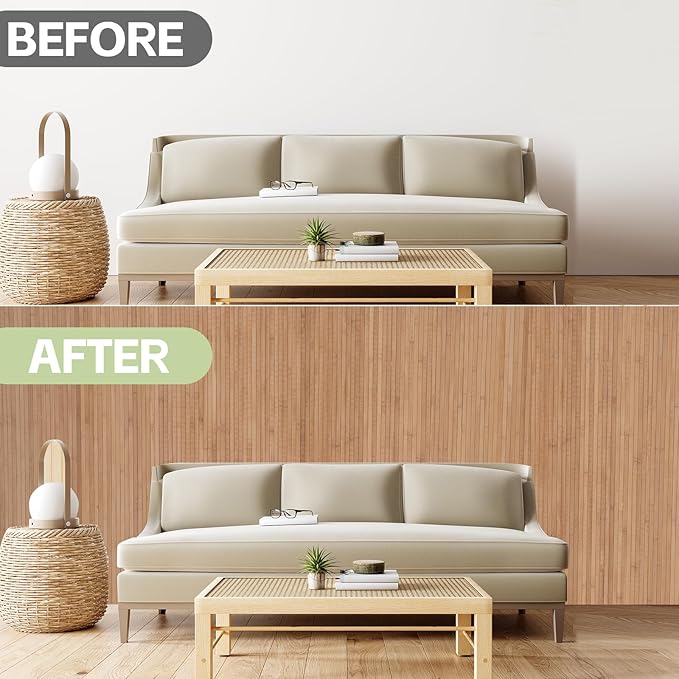 Bamboo Wall Panels for Interior Wall Decor（12"H x 96"L）Natural Wainscoting Panels Wall Paneling for Living Room Decor, Tiki Bar,Kitchen,Ceiling Tiles, Pole Wrap Wood Roll,Wall Decor for Bedroom