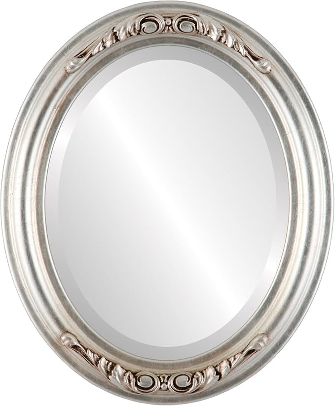 OVALCREST Oval Beveled Wall Mirror for Home Decor - Florence Style - Silver Leaf with Brown Antique - 32" x 26"
