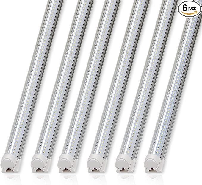 Barrina 8FT LED Shop Lights Fixture, T8 72W 10000lm 5000K, Daylight White, Clear Cover, V Shape,Tube Light, Hight Output, Bulbs for Garage, Warehouse, Plug and Play, 6 Packs