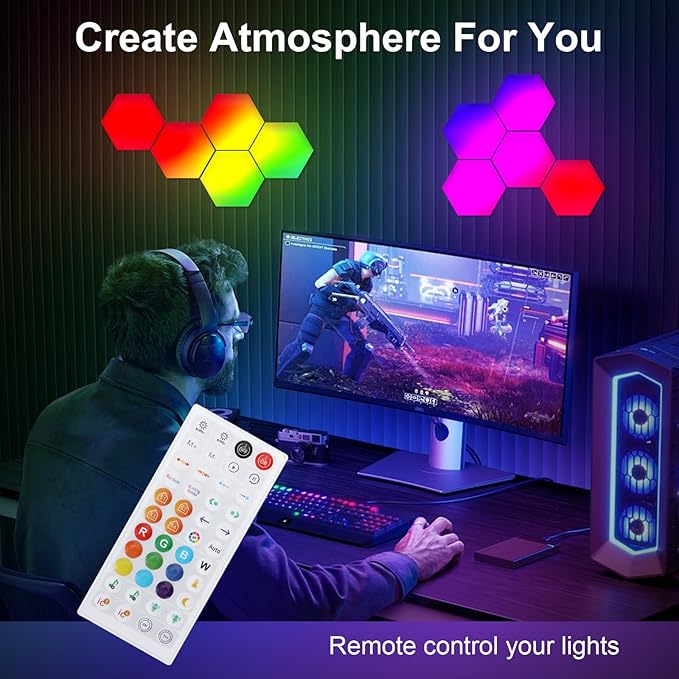 8 Pack RGB Hexagon Led Lights Wall Panels, Music Sync Color Changing Circle Lights, Hexagon Lamp with Remote Control & App Control, Led Shape Hex Light for Bedroom Gamers PlayStation Decor