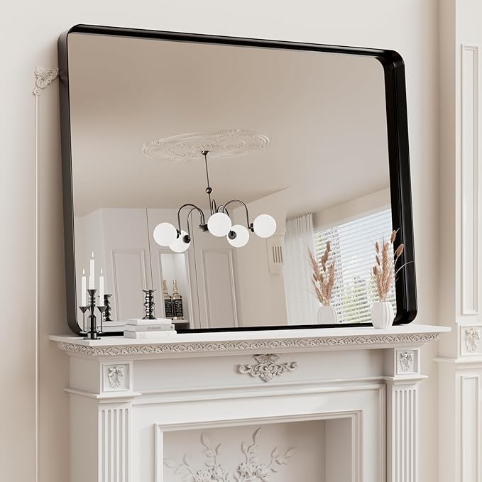 Koonmi Black Bathroom Mirror for Wall, 36x48 Inch Matte Metal Deep Framed Rounded Corner Wall Mirror, Shatterproof Tempered Glass for Farmhouse Bedroom Entryway, Vertically or Horizontally