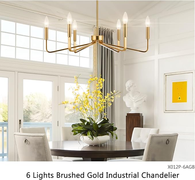 Jonsi Gold Chandelier - 26" Modern Brushed Brass Chandelier Light Fixture 6 Light Industrial Candle Lighting Hanging Ceiling for Living Dining Room, Kitchen Island