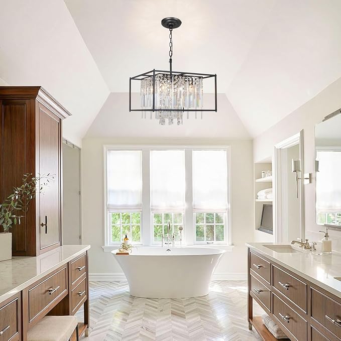 4-Lights Black Farmhouse Chandelier, 19.7 inch Industrial Crystal Chandelier Metal Pendant Light for Kitchen Island Dining Room Living Room