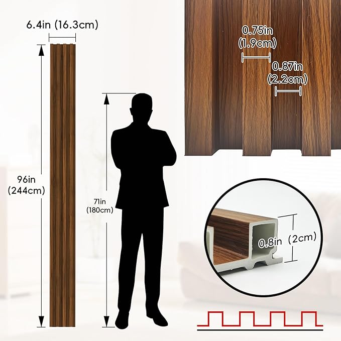 10Pack WPC Wall Panels, 96 x 6.4 x 0.8Inches Slat 3D Fluted Panels, Wall Decor for TV Background, Living Room (Teak)