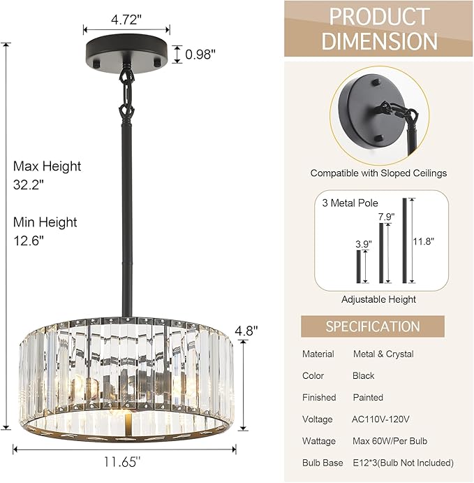 Modern Crystal Black Chandelier,11.7 inch semi Flush Mount Ceiling Dining Light Fixture with 3*E12 Base,Round Pendant Lighting for Dining Room Bedroom Hallway Bathroom Foyer Kitchen