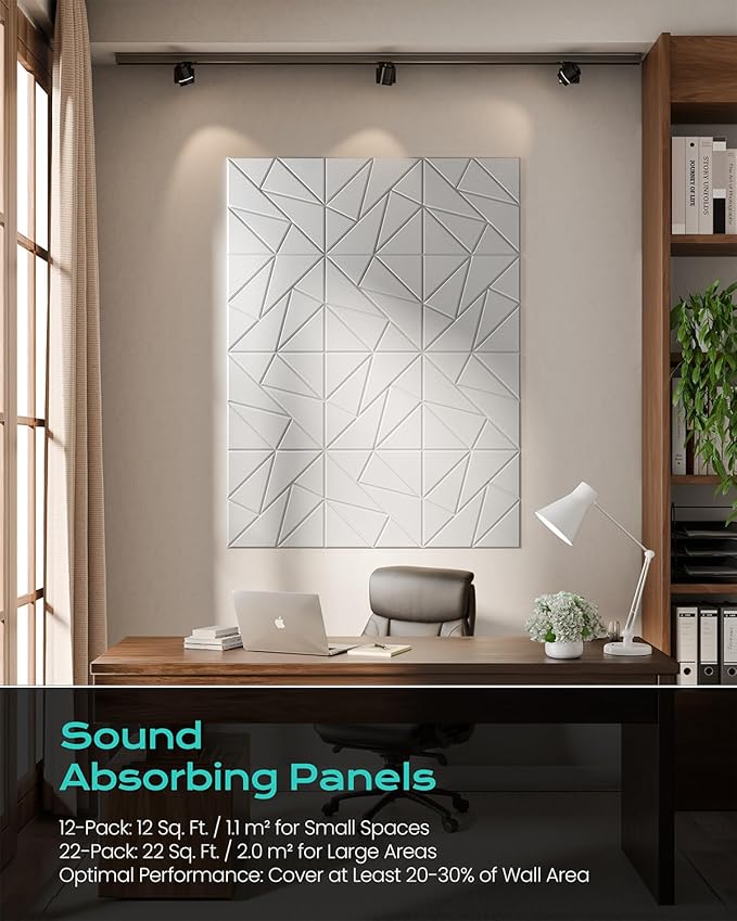 22-Pack Acoustic Panels,12"x12"x0.4" Soundproof Wall Panels, Peel & Stick Sound Proof Foam Panels for Walls, Geometric Noise Reduction Panels for Home Office,Studio (White)