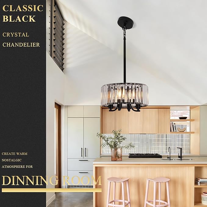 Black Crystal Chandelier, 4-Light Small Modern Semi Flush Mount Ceiling Chandelier Light Fixtures,Round Hanging Lighting Fixture for Bedroom Living Room Kitchen Hallway Entryway, E12 Base, 11.6 Inch