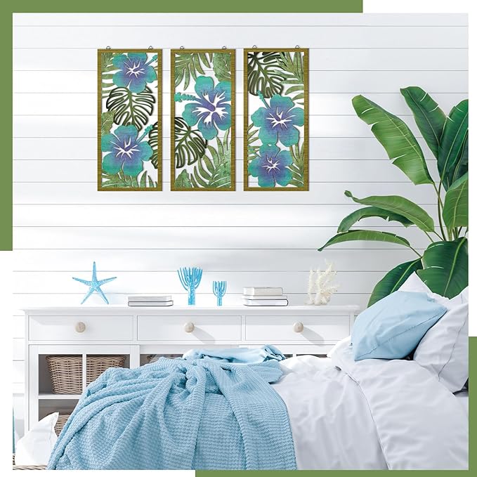 3 Pcs Tropical Wall Decor 3d Wooden Palm Leaf Wall Art Monstera Sculptures Wood Hibiscus Flowers Hanging Decor Vintage Plant Plaque for Home Bathroom 7.09 x 15.75 Inch(Fresh Style)