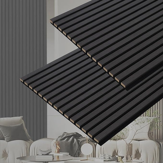 3D Slat Acoustic Wall Panels with Wood Finish Accent, 2 Pack Sound Absorbing Paneling for Studio, Office, Living Room, Bedroom Interior Decor (Matte Black, 48''L x 24''W)