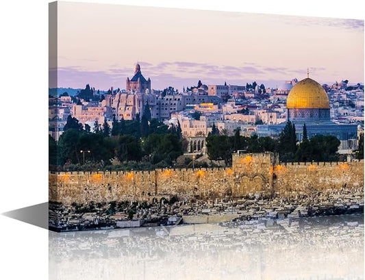 TUMOVO Religious Modern Wall Art Judaism Picture Contemporary Artwork Print On Canvas Jewish Bedroom Wall Art Jerusalem Mount Zion Pictures for Living Room Framed Ready to Hang, 24" Wx36 H