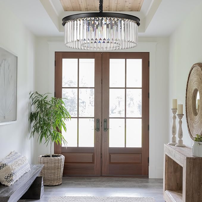 Modern Black Crystal Chandelier,2-Tier Round Pendant Ceiling Fixture with Height Adjustable Luxury Hanging Chandelier for Dining Room,Living Room,Entryway,Bedroom,Kitchen,and Foyer (Black Crystal-2)