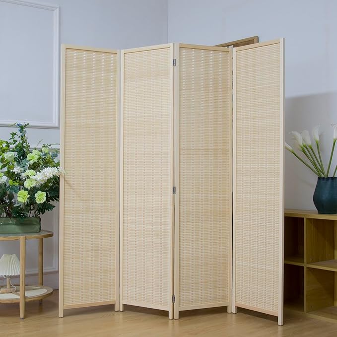 4 Panel Room Divider Screen, 5.6 FT Tall Bamboo Folding Privacy Screen, Freestanding Room Separator, Beige