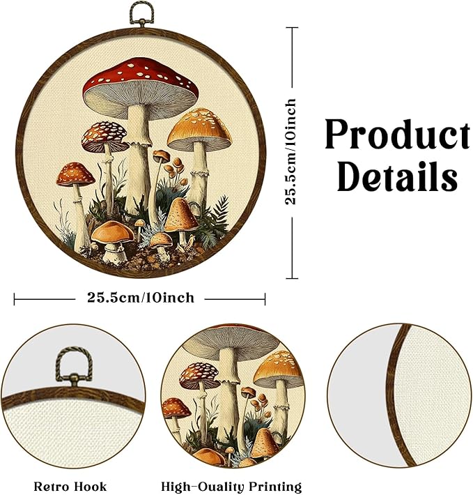 KLYTINK Vintage Fantasy Mushroom Wall Art, Round Canvas Wall Hanging Decor, Fantasy Forest Botanical Illustration, for Living Room,Bedroom,office 10x10 Inch(MG03)