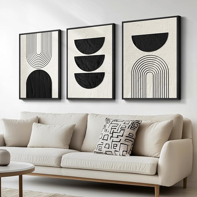 Large Framed Neutral Black and Beige Wall Art, 3 Piece Modern Canvas Prints Paintings Artwork for Walls, Minimalist Boho Geometric Pictures Wall Decor for Living Room Bedroom Home Office 20x30 In