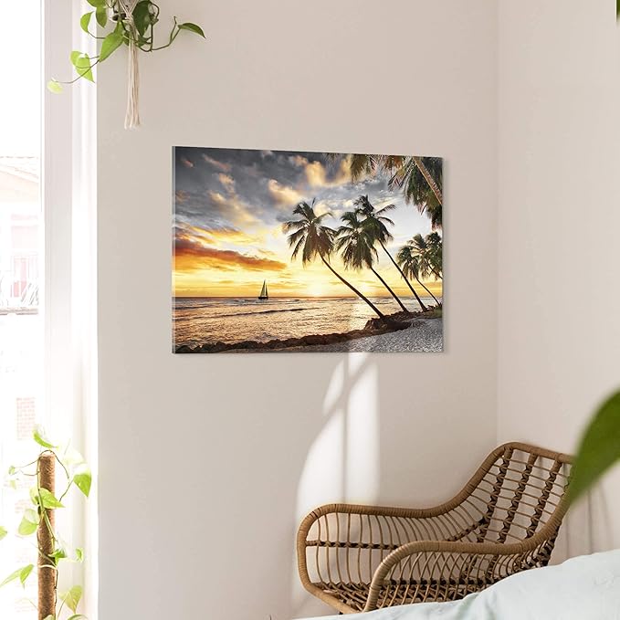Coastal Wall Art Canvas Decor: Beach Scene Sunset Picture Ocean Sea Tropical Palm Tree Print Seascape Sailboat Painting Seaside Seashore Landscape Artwork for Bathroom Living Room 24 x 16 Inch