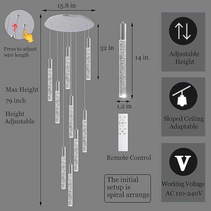 9-Lights High Ceiling Crystal Chandelier, Modern LED Raindrop Pendant Light Fixture 79" H Flush Mount Chandelier Chrome for Foyer Staircase Living Room