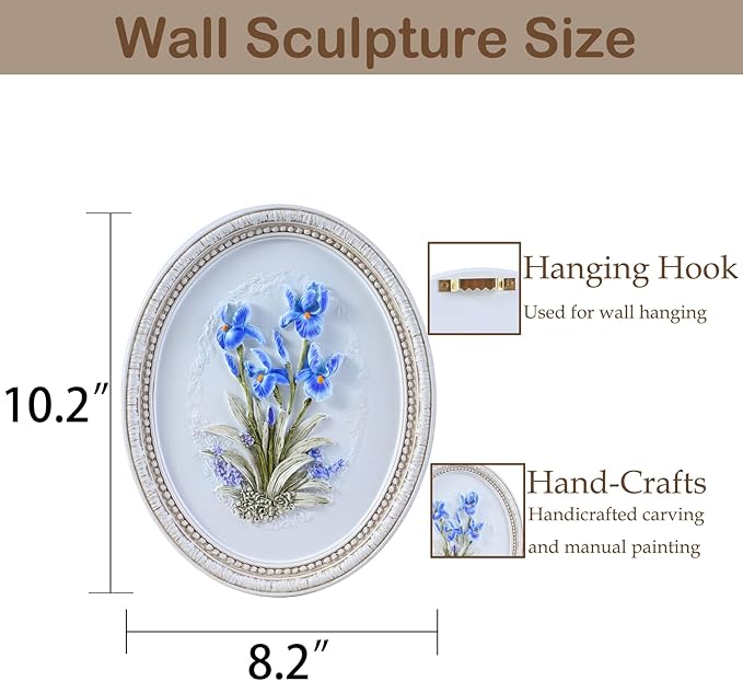 Kangce Vintage Wall Sculptures,Antique Wall Art with Hand-Carved Iris Pattern, Victorian Home Decor,for Living Room, Bedroom,Hallway Gallery,Oval,Blue