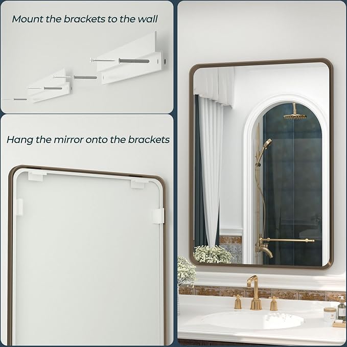 OKPAL 48x40 Bronze Bathroom Mirror, Bathroom Framed Mirrors for Wall, Rounded Rectangle Bronze Mirror for Vanity, Farmhouse, Bedroom, Anti-Rust (Horizontal/Vertical)