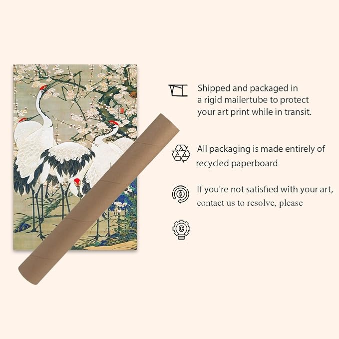 OZCONO Japanese Crane Wall Art Print, Cherry Blossom Birds Artwork, Traditional Asian Home Decor, UV-Resistant Giclée Print (14L x 11W)