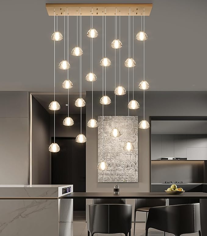 24-Lights Modern Crystal Rectangular Chandelier LED Raindrop Ceiling Pendant Light Crystal Lighting Fixture for Living Room Hotel Staircase Hallway Foyer Entryway Bedroom Gold