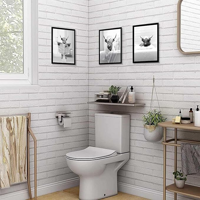 KBKBART Funny Highland Cow Wall Art Set of 3, Rustic Farmhouse Bathroom Cow Pictures Wall Decor Painting, Brown Cute Cow Animal Canvas Posters Prints for Bathroom Restroom Home Decor Framed 8x10 Inch