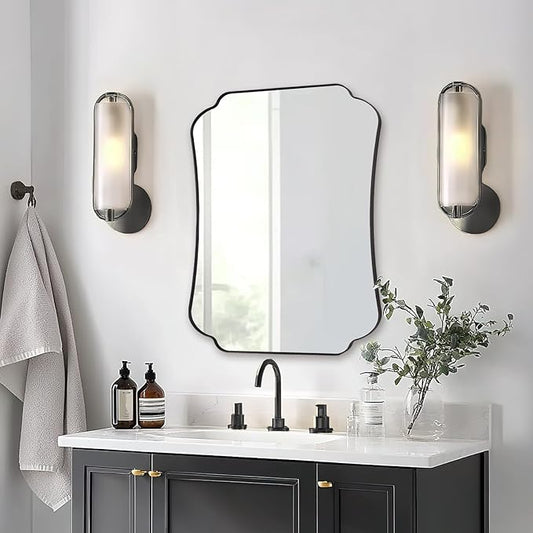 ANDY STAR Bathroom Vanity Mirror, 24x32 Matte Black Rectangle Mirror with Scalloped Round Corner, Vintage Asymmetrical Metal Wall Mirror for Entryway, Living Room