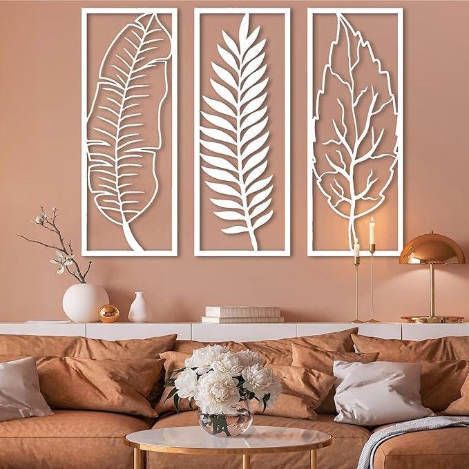 3 Pcs Metal Leaf Wall Decor-Palm Leaf Wall Art, Leaves Metal Wall Decor, Boho Wall Decor, Flower Wall Decor, Modern Wall Art, Maximalist Wall Decor, Wall Decor Living Room (24" x9"|60x23cm, Black)