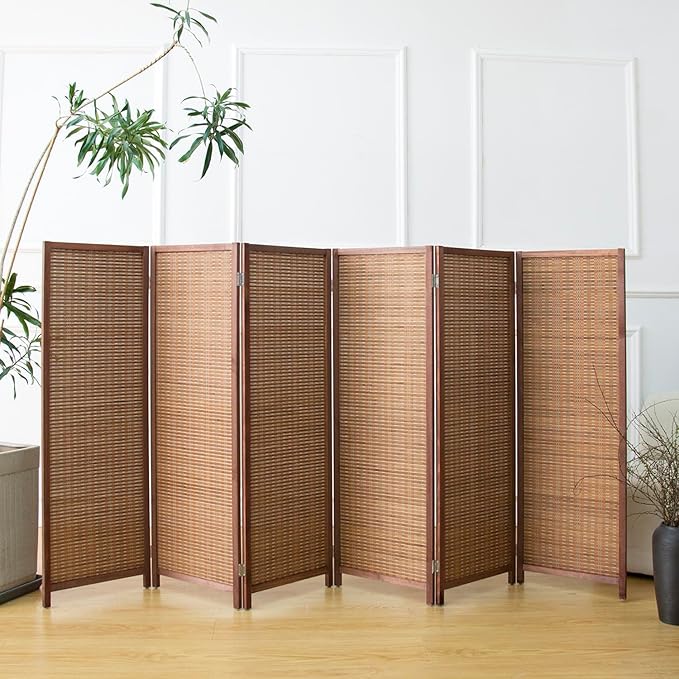 6 Panel Room Divider Short Folding Screen Divider,Double Sided Bamboo Panel Divider for Room Separation,Brown,47.2" H x 92.1" W