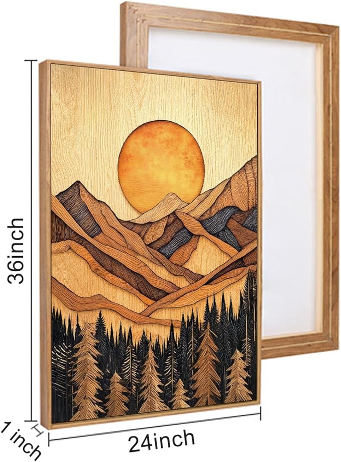 Ausril Woodcut Mountain Pine Tree Framed Canvas Wall Art Set of 3-24x36 Inch, Vintage Nature Forest Wilderness Landscape Print, Brown Boho Style Painting for Living Room, Bedroom, Office Decor