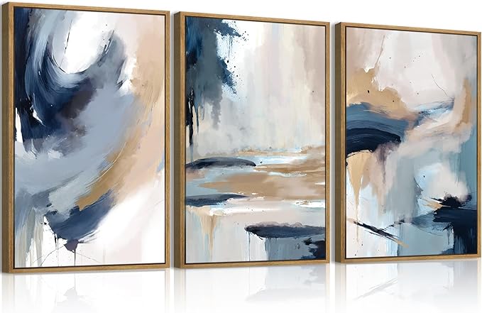 Large Blue Abstract Wall Art Framed Modern Artwork Neutral Wall Decor for Living Room Bedroom Office 16x24 Inch Set of 3