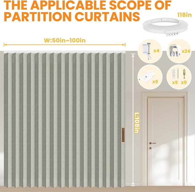 100% Blackout Room Divider Curtains - with Flexible Ceiling Curtain Track, Noise Reduce Barrier for Portable Curtain for Sliding Glass Door/Space Room Divider (Grey, W100 x L108, 1 Pack)