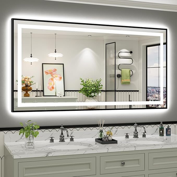 68x36 Inch LED Bathroom Mirror with Black Frame, Backlit & Front Lit, Anti-Fog Lighted Bathroom Vanity Mirror for Wall, Memory Function, Dimmable, HD Tempered Glass, Shatter-Proof