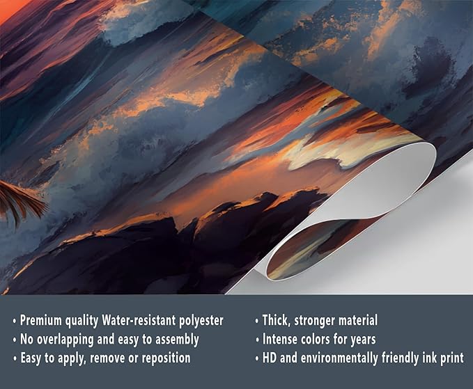 Coastal Mural Wallpaper, Ocean Sunset Murals, Cartoon Palm Trees Murals Wallpaper for Living Room Bedroom Home Decor Mural - 59" W x 39.12" H (Not Peel Stick)