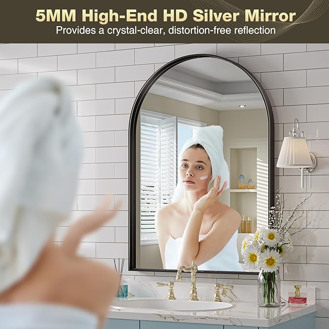 Brightify Arched Mirror, 28 x 40 Inch Black Arch Wall Mirror, Metal Frame Black Bathroom Mirror, Top Bathroom Vanity Mirror for Living Room Bedroom Mantel Entryway Hallways