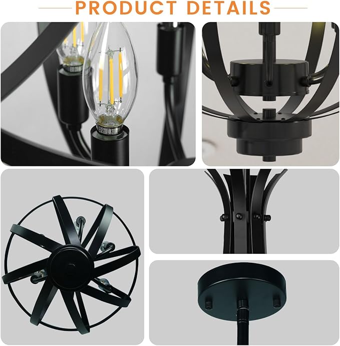 Black Chandelier, 6-Light Dining Room Light Fixture, Farmhouse Kitchen Island Lighting, Modern Kitchen Chandeliers Over Table, Hanging Pendant Lights for Living Room, Bedroom, Foyer, Staircase, Entry