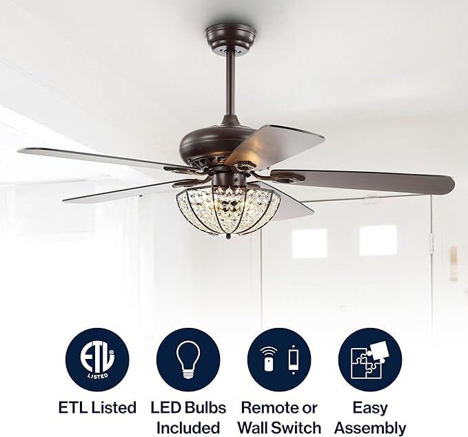 JONATHAN Y JYL9702A Joanna 52" 3-Light Bronze Crystal LED Ceiling Fan with Remote, Classic, Glam, Traditional, Transitional, Office, Living Room, Family Room, Dining Room, Bedroom, Oil Rubbed Bronze