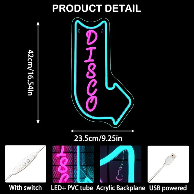 Looklight Disco Neon Signs for Wall Decor Pink Blue LED Word Light Sign Right-Pointing Arrow Neon Light USB Light Up Letters Sign for Disco Lover Music Bar Music Studio Rec Room Bedroom Party Decor
