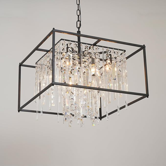 4-Lights Black Farmhouse Chandelier, 19.7 inch Industrial Crystal Chandelier Metal Pendant Light for Kitchen Island Dining Room Living Room