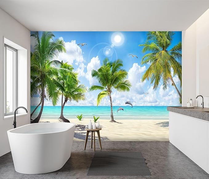 -Tropical Beach Palm Leaves Living Room Fabric Wallpaper Ocean Dolphin Plants Boys Girls Kids Room Bathroom Bedroom Large Mural- 137"x96"（ not Peel and Stick）