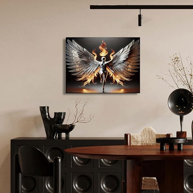 3D Metal Angel Wall Art Mural Futurism Poster Cybernetics Wing Warriors Canvas Printed Images Science Fiction Robot Artwork with Wings of Fire Modern Fantasy Gallery Decoration, Living Room Bedroom Office Manhole 12x16 inches