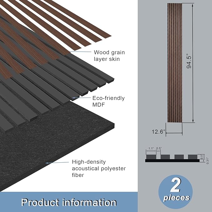 2 Piece Wood Slat Acoustic Panels for Stylish Decor and Noise Reduction, 3D Textured Panel for Ceiling and Wall - JK Walnut (94.5 L x 12.6 W in)